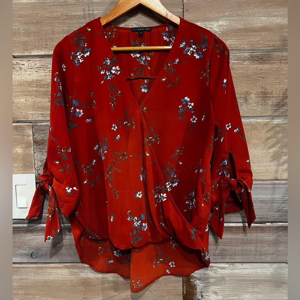 West Kei Allan Surplice Tie Sleeve High Low Blouse Size Small
